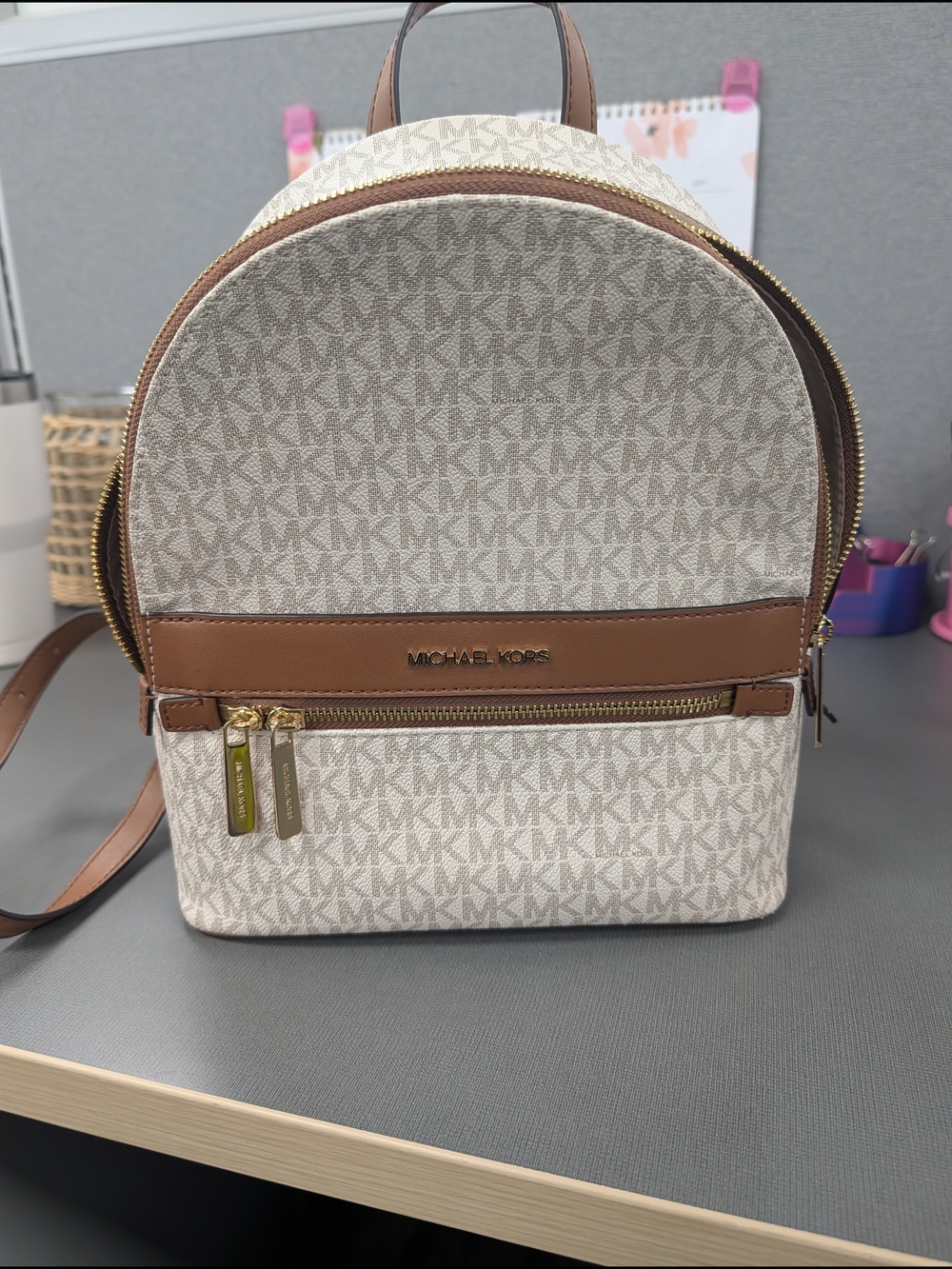 Michael Kors Cream Logo-Print Mini Backpack with Brown Trim